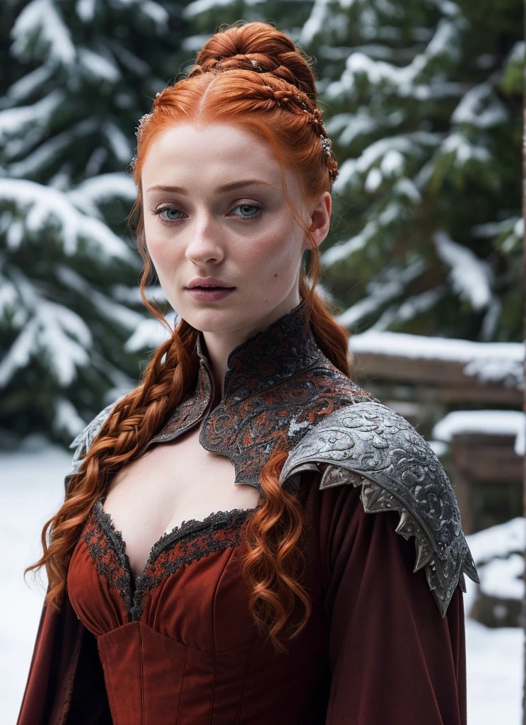 Face of Sophie Turner, Sansa Stark played by Sophie Turner, the de facto Lady of the Eyrie, is a 40-year-old mature queen with a stunning, alluring appearance. Full Face, pierced eyes, reddish lips, upper body shot, erotic Mediaeval costumes, game of thrones costumes, She wears a Game of Thrones-inspired costume and has a deep cleavage, a perfect thick body, and a perfect thick figure. The photograph captures her in a close-up, with her skin texture and facial features being ultra-realistic and realistic. Juicy thick figure, high quality skin, Skin pores, amazing details, snow, snow flakes, semi realistic, extremely detailed eyes, dark moody orange and black settings, cool environment, artificial intelligence