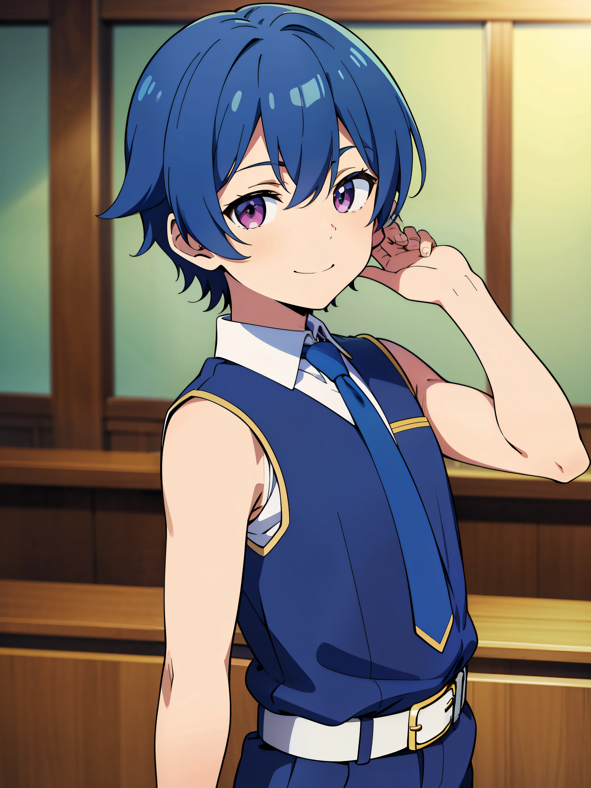 Highres, Masterpiece, Best quality at best,Best Quality,hight quality, hight detailed, Anime style, 1boy, Shota, young boy, Solo person, smile, Blue hair, fluffy hair, school, Sleeveless uniform, Bare shoulder, Tie, Seen from the front, look at viewer, upper body, belt, (very young boy), (very small and short body), s, uhd, blurry beckground