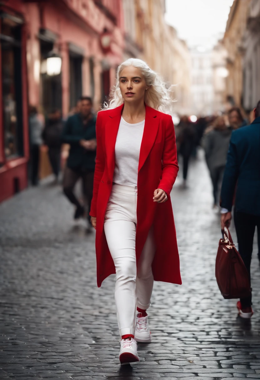 EMÍLIA CLARKE in pedestrian zone, pinker Kapuzenpullover, red Blazer, white pants, red sneaker, Runs in the pedestrian zone, HAIR from Daenerys targaryen 