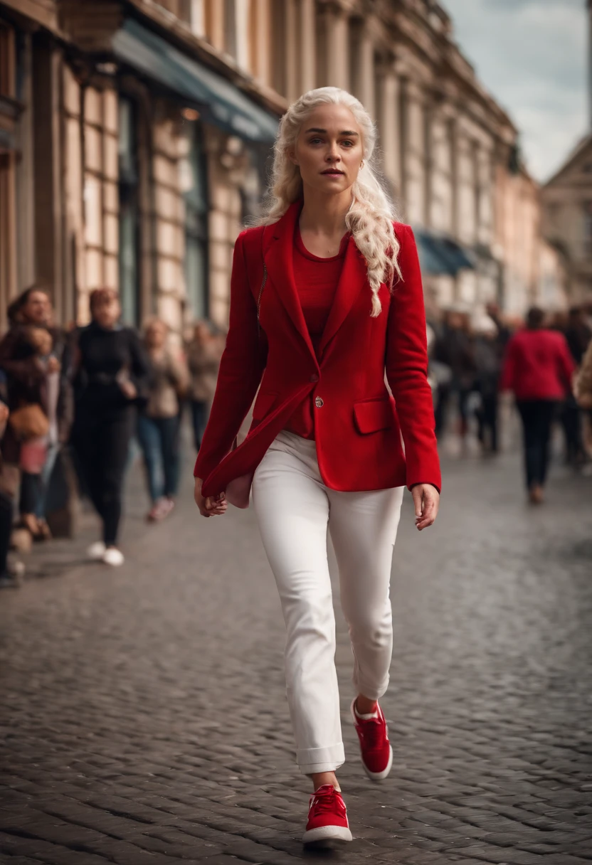 EMÍLIA CLARKE in pedestrian zone, pinker Kapuzenpullover, red Blazer, white pants, red sneaker, Runs in the pedestrian zone, HAIR from Daenerys targaryen