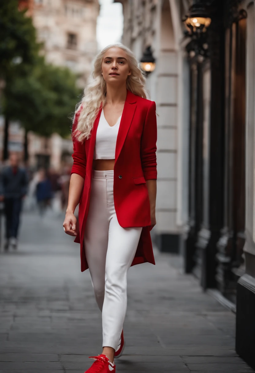 EMÍLIA CLARKE in pedestrian zone, pinker Kapuzenpullover, red Blazer, white pants, red sneaker, Runs in the pedestrian zone, HAIR from Daenerys targaryen