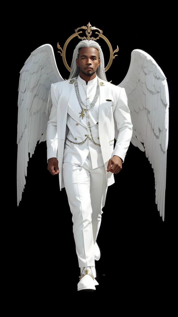 A full body black man, with straight silver hair, wearing an angelic white outfit and with angelic white wings.
