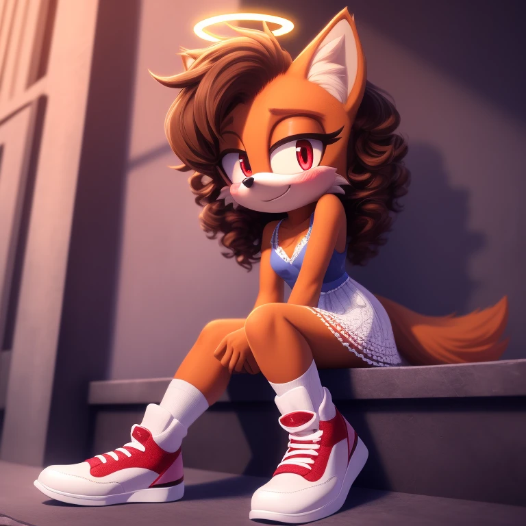 mobian, solo, hedgehog, two-tone fur ((orange fur, brown fur)), witchery french linen utility dress, high-top sneakers, small breasts, two-tone hair (brown hair, black tip)), curly hair, halo, sunglasses, jewelry, red eyes, longeyelashes, red eyes, smile, shy, blush, pose, high detail, masterpiece, UHD, anatomically correct, super detail, highres, 4K
