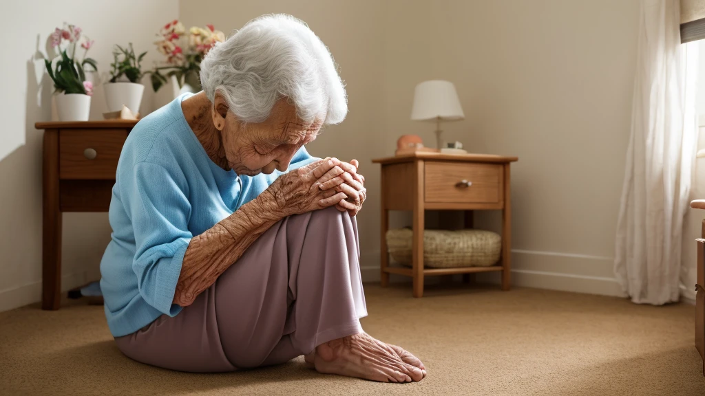 image of an elderly woman on her knees praying with her hands on her face in her bedroom
