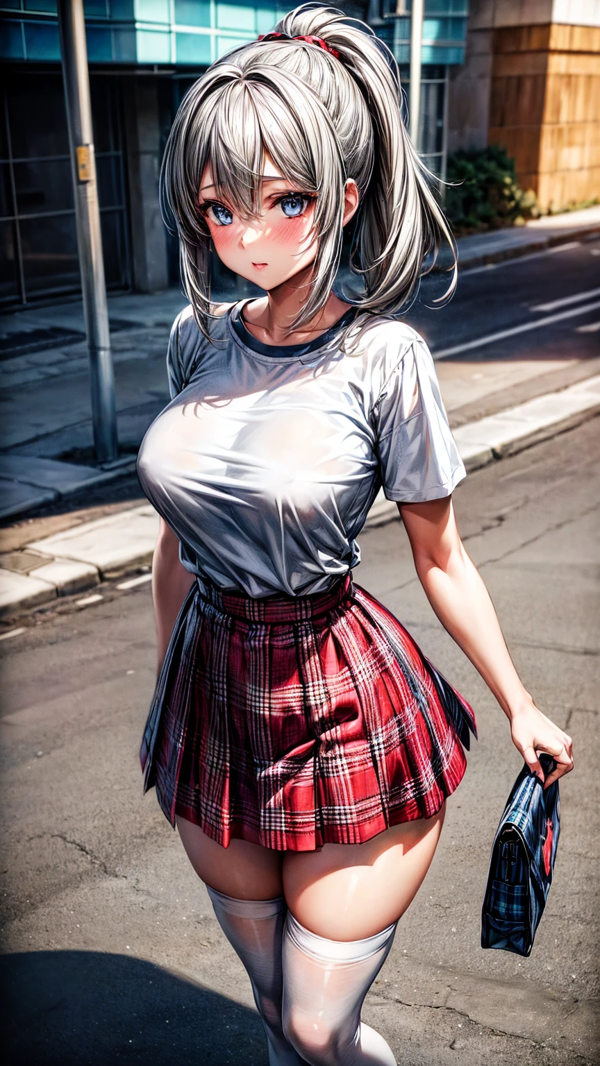 1girl,masterpiece,best quality,grey hair,(ponytails),blue eyes,(white stockings),(red plaid skirt),standing,in full length,medium breasts,white t shirt,in front of streets,extremely detailed,[[realistic]],beautiful alluring anime ,seductive anime girl,