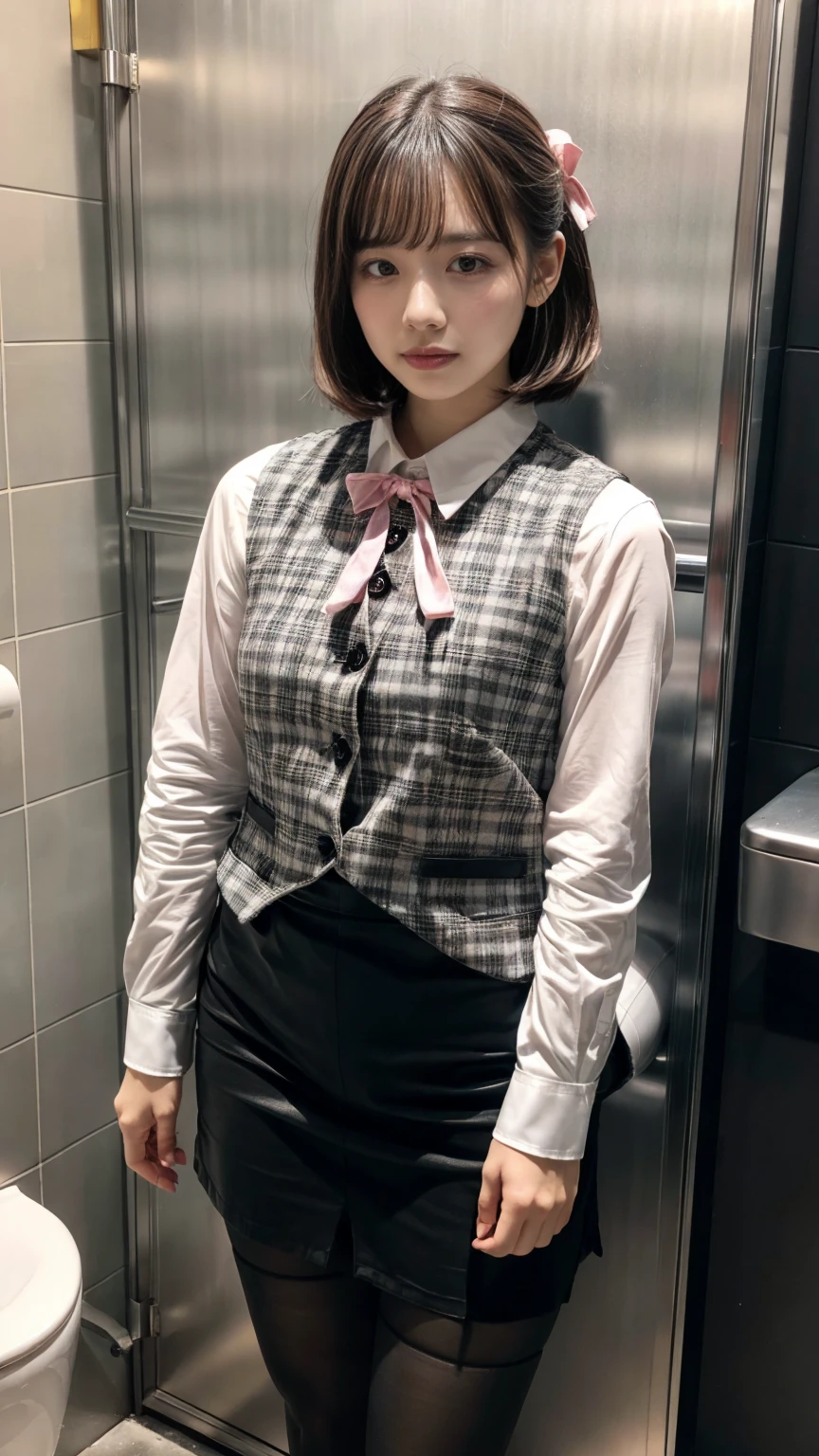 (8K, RAW Photos, Highest quality, masterpiece:1.2), (professional photography, full colors, studio-caliber color grading), (Gravure quality for high-end fashion magazines), close up, BREAK,18 year old girl, short bob hair, crying a little, Harajuku style, Big Natural Color Lip, (Plumpy body:1.2), (smooth skin:1.1), (huge breasts:1.2),  BREAK (white and gray theme:1.3), (wearing a [[white and gray plaid pattern]] vest over a long sleeve white collared-shirt:1.4), (buttoned gray vest:1.2),
BREAK (pink theme:1.2), (pink ribbon bow:1.3),
BREAK (black theme:1.4), (tight black pencil skirt:1.5 (pantyhose:1.3 BREAK (Toilet cubicles:1.2 (urinal)