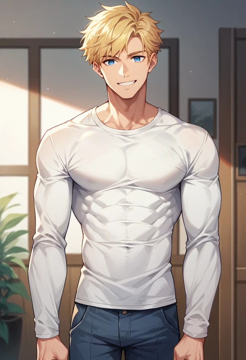 score_9, score_8_up, score_7_up, score_6_up, 1boy, solo, straight hair, short hair, blonde hair, blue eyes, muscular, white shirt, long sleeves, pants, indoors, standing, looking at viewer, smile