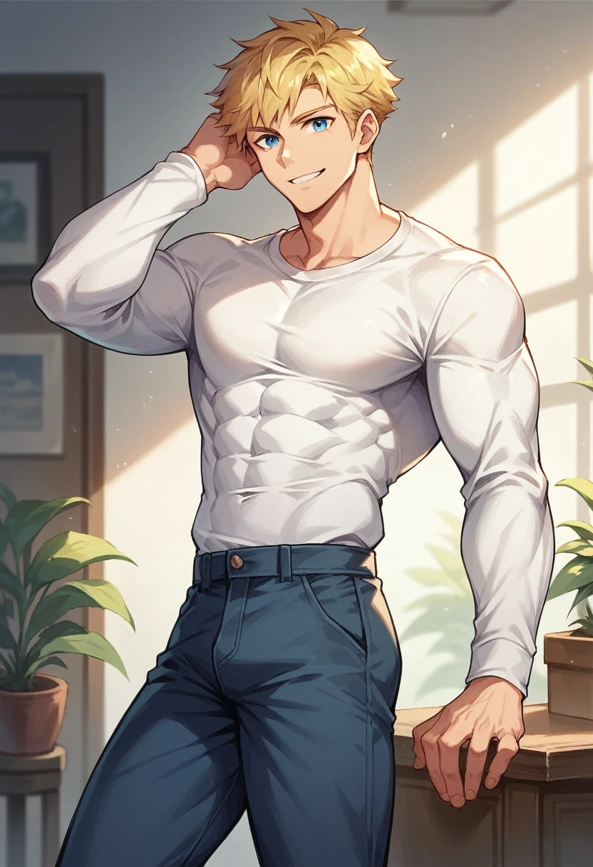 score_9, score_8_up, score_7_up, score_6_up, 1boy, solo, straight hair, short hair, blonde hair, blue eyes, muscular, white shirt, long sleeves, pants, indoors, standing, looking at viewer, smile