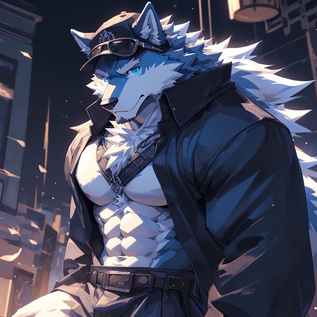 solo, anthro, furry, furry male, wolf, ((fluffy fur, fluffy, furry body)), (wolf print), red eyes, hair tuft, long hair, (light blue body, blue body, muscles), wolf tail, ((white hair, mohawk hair)), (white muzzle, white forearms), Camera Recording POV, Camera POV, security footage pov, detailed fluffy fur, detailed face, detailed eyes, black cloak, black cloak covering whole body, cloak over body, black tank top, skintight bodysuit, smaller arms (full body, round ass, fluffy ass, Red LED glowing collar), cyberpunk, valorant,(by DRKS, by raccoon21, by Sollyz, by null-ghost, masterpiece, high quality,hi res,8k hd), close-view portrait, looking at viewer, night, bleeding, outdoors, dark alleyway, ruined city, cute face, open mouth, teeth, detailed teeth, grinning expression, raining, dreary night, camera view angled from above, heavy shadows, athletic build,