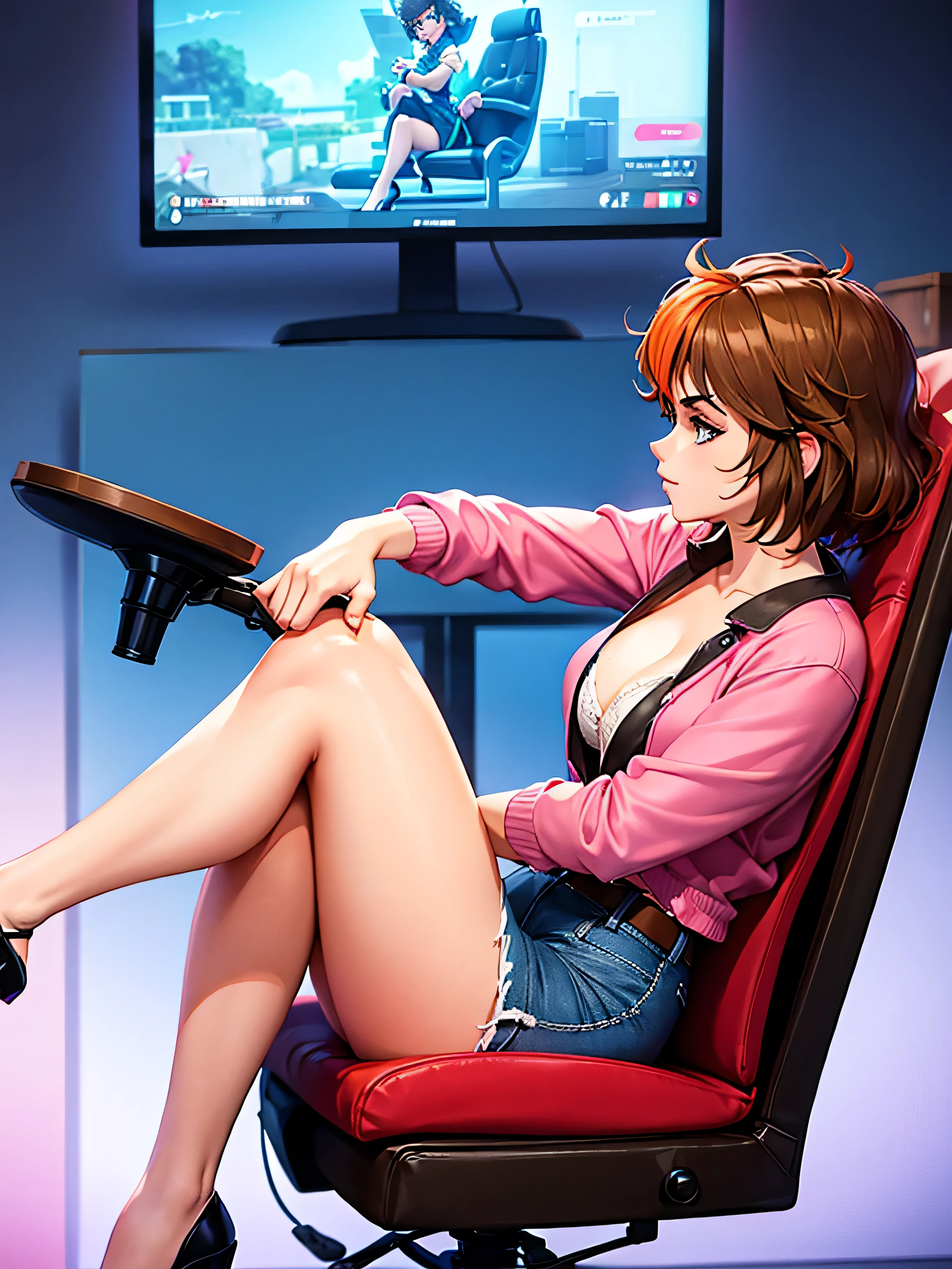 merula, sitting on a chair with her legs up, gaming chair, sexy pose, sitting pose, blue jeans, pink high heels , legs up, side view