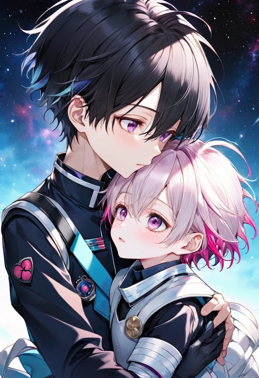  boy with pale icy skin [With messy hair Black with silver blue With bright pink and violet eyes] In the Black Clover anime Galactic Patroller uniform with bandages on the hands,kissing him 