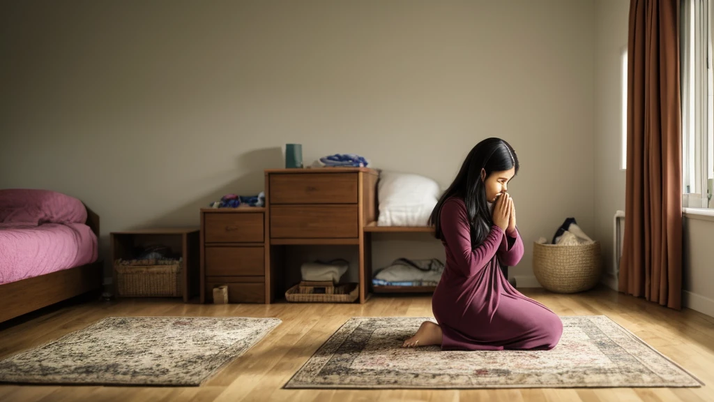 image of a woman on her knees praying with her hands on her face in her bedroom