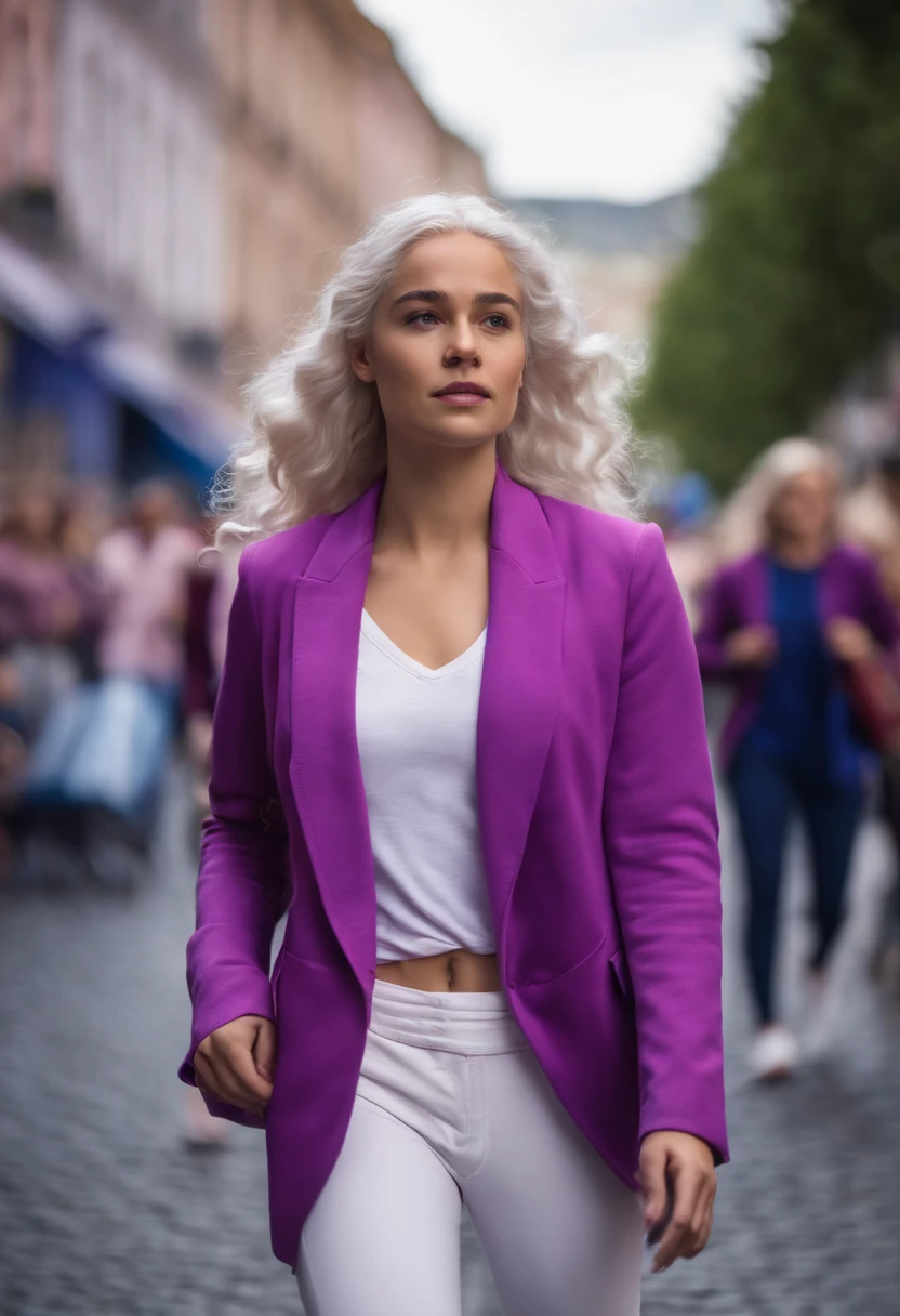 EMÍLIA CLARKE in pedestrian zone, pinker Kapuzenpullover, violet Blazer, white pants, violet sneaker, Runs in the pedestrian zone, HAIR from Daenerys targaryen 