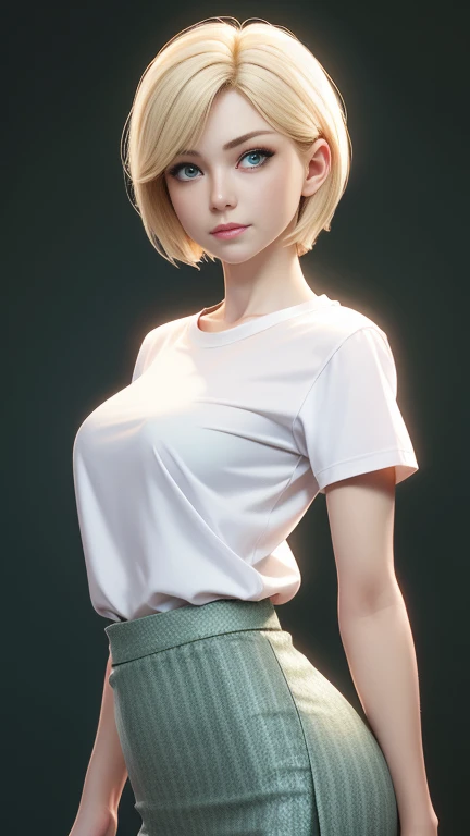 Master Parts, Highest quality, Mother、50 years old, Green Eyes, White skin, Blonde, Straight Hair、, short hair, T-shirt, Long skirt、Simple Background, alone, Upper Body、erotic、eroticな表情、Cowboy Shot、