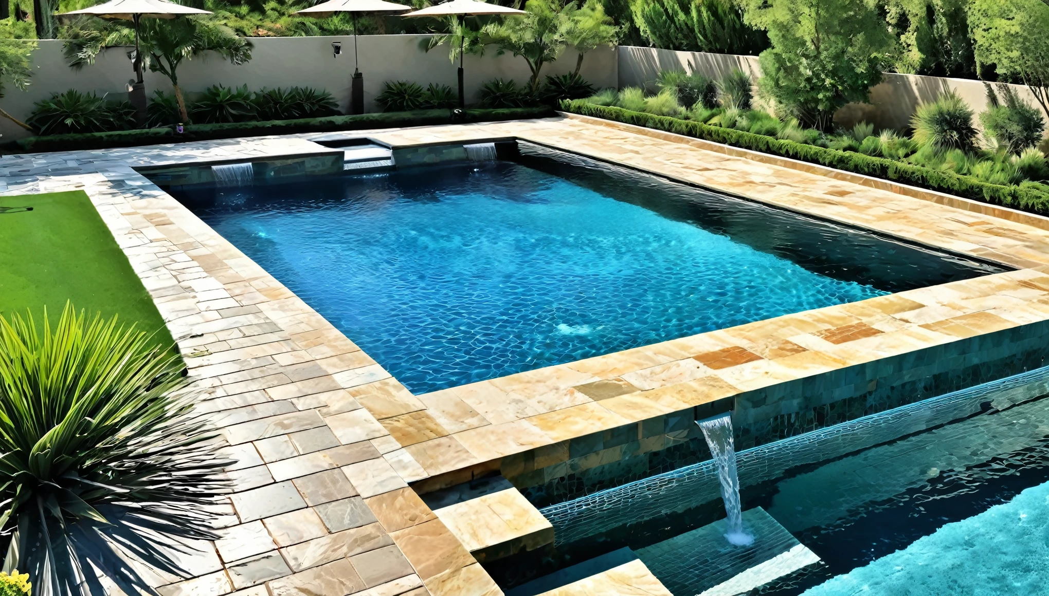 Create an image of the pool area, a blend of technology and relaxation. Highlight a smart pool system, elegant water features, and a design that transforms the outdoors into a serene oasis
