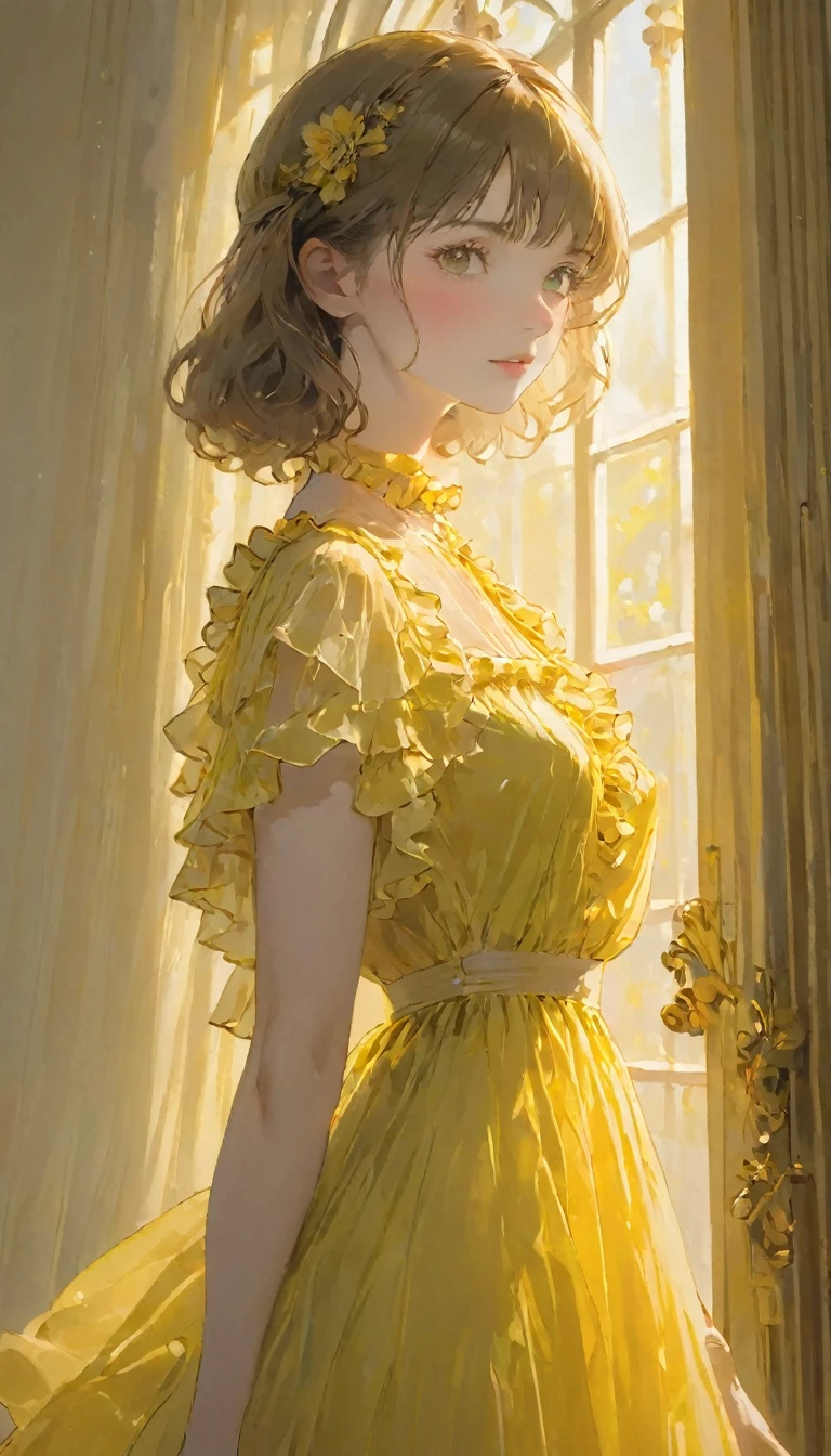 (Highest quality, masterpiece), A beautiful Italian woman, Intricate details, Frills, See through, Show Viewer, Sunlight from the window, blush, bangs, Are standing, Upper Body,Yellow dress、The background is also yellow
