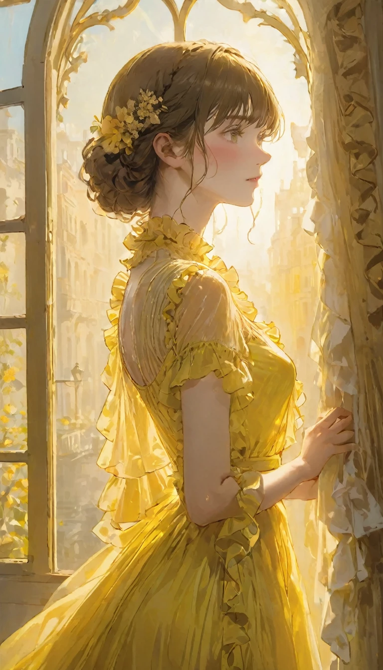 (Highest quality, masterpiece), A beautiful Italian woman, Intricate details, Frills, See through, Show Viewer, Sunlight from the window, blush, bangs, Are standing, Upper Body,Yellow dress、The background is also yellow
