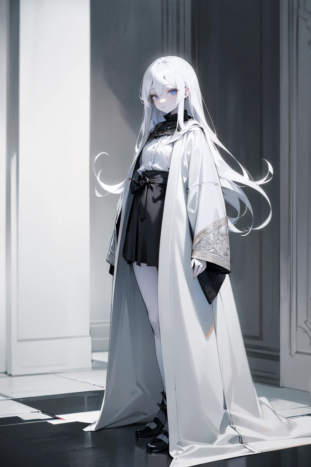Masterpiece Quality, Perfect Generation, Sclera, Detailed Eyes, Skin, White Hair, Gray Eyes, Pale Skin, Room Background, Facing Viewer, Standing, , Female, Full Body