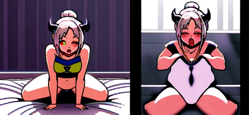 Naked cheerleader , yawning with eyes closed , bun hair style , with black tiny demon horns, wearing necklace, on bed, kneeling with butts up, having sex