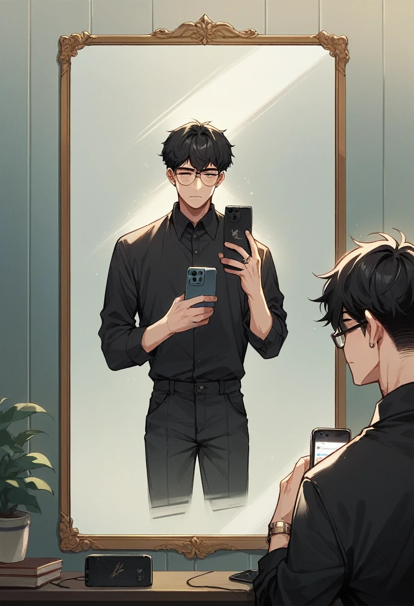A boy with square glasses and black hair taking a photo in front of the mirror with an iPhone, the very aesthetic black dress and black hair and that only her jaw is visible and her phone rings her face