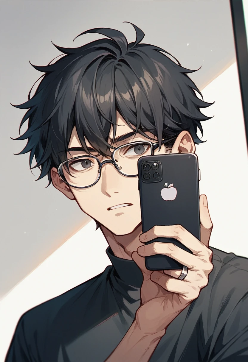 A boy with square glasses and black hair taking a photo in front of the mirror with an iPhone, the very aesthetic black dress and black hair and that only her jaw is visible and her phone rings her face