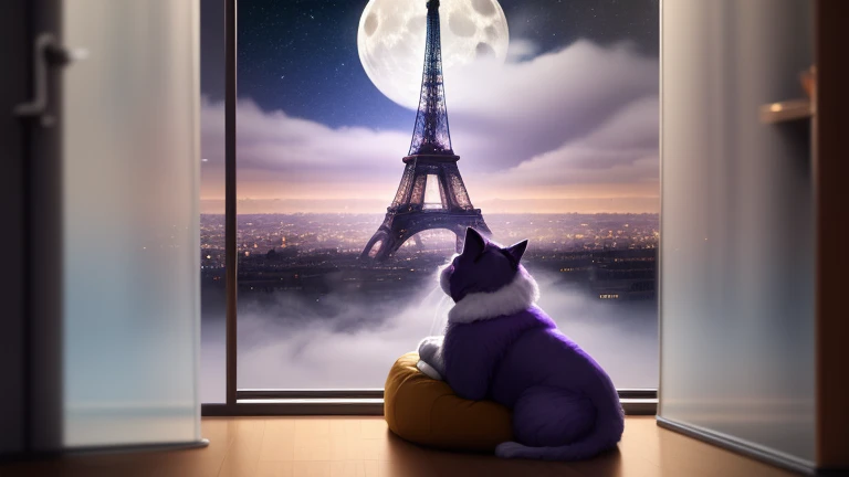 In the City of Paris, A girl, with purple hair and cap, From Costa to the public, sitting in the armchair, facing glass walls, blurred from the intense cold, a Persian cat by your side, Dark night in the background with little fog, full moon with energy flow, the Eiffel Tower in the center of the moon, silver energy tides, Premonition, real scenario, I DON'T WANT HUMANS, There is a flow of energy, very real scenario, clear shades of purple and blue, ultra details.