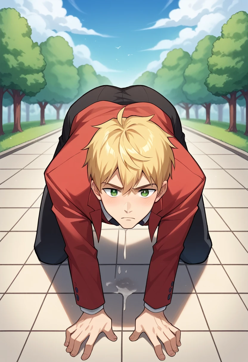 score_9, score_8_wonderful, score_7_wonderful, sauce_Anime BREAK 1 Boy, alone, Male Focus, Part 1: Leanne, blonde, , Red Blazer, Black trousers, Outdoor,，Get on all fours and place your hands on the floor,put head on floor,Take out your dick