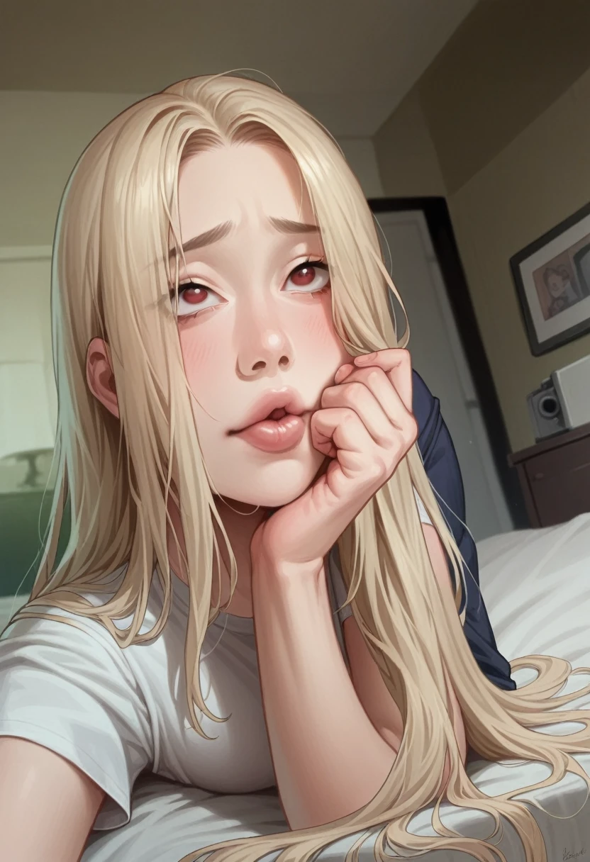 (Porn scenario solo masturbation), extremely light ginger blonde hair, korean, Asian, slanted eye, extremly youthful face, fleshy lips, rosy lips, full nude, explicit, graphic penertration, sex toy, dildo , vibrator, out of place characteristics, vaginal penertration, tight wet vagina pussy, orgasam face, large swollen cliterous, perfect skin , red eye colour, small erect hard nipples, (NSFW 5), (girl on bed , camera shot from moderate disrance, wide angle, full penertration, vagina, tight puckered anus, slutty, erotic, sleezy, porn, full sex,