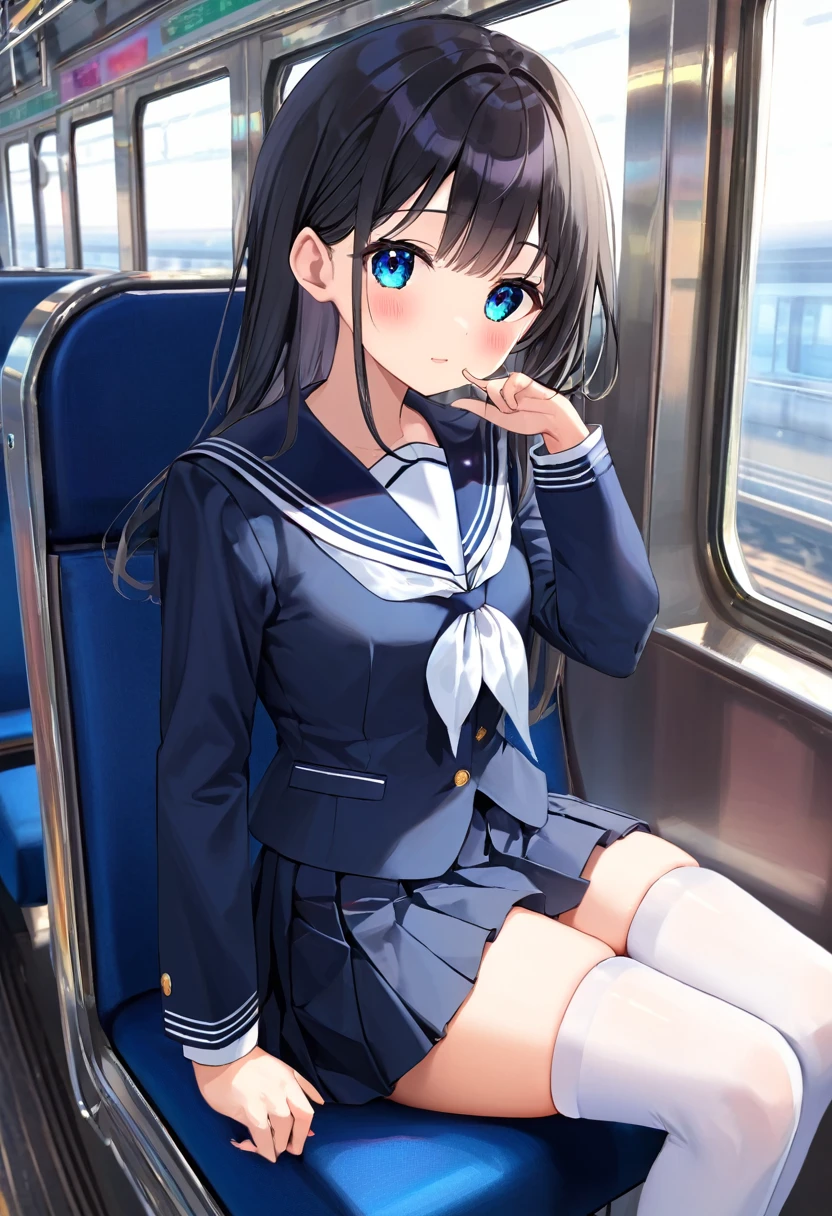 Highest quality、High resolution、Detailed Background、Beautiful face in every detail、Teenage beauty、Perfect body line、Long black hair、Shiny navy blue sailor suit、White sailor collar、Navy blue pleated skirt、White Stockings、on the train、Sitting in a chair、Look at me with a troubled expression、Lift up the skirt、Panty Shot、Cute gestures、so beautiful