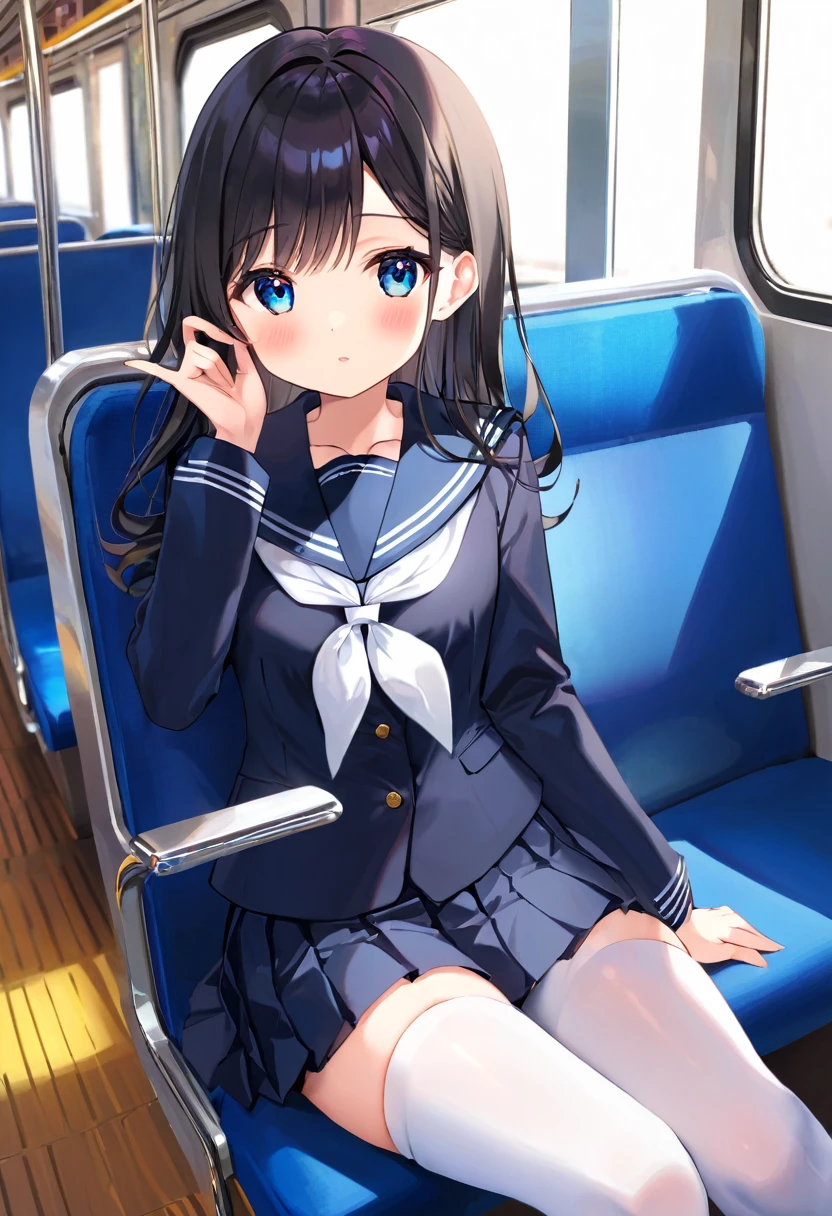 Highest quality、High resolution、Detailed Background、Beautiful face in every detail、Teenage beauty、Perfect body line、Long black hair、Shiny navy blue sailor suit、White sailor collar、Navy blue pleated skirt、White Stockings、on the train、Sitting in a chair、Look at me with a troubled expression、Lift up the skirt、Panty Shot、Cute gestures、so beautiful