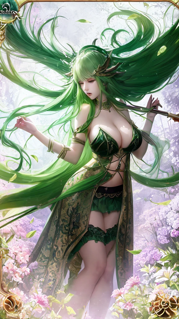 divine beautiful dlyad girl, long green hair, large breasts, fantasy, she is holding a wooden cane, excellent lighting, excellent anatomy, leaves, weeds, fantasy card game frame, psychedelic, 2d gosh, masterpiece