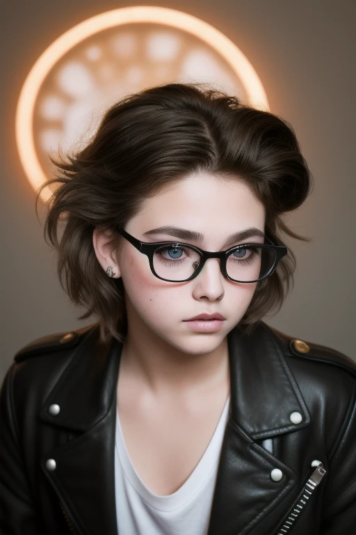 Best quality, masterpiece, Photography in the style of the 80s, (realistic:1.2), 1 charming chubby age girl of 23 years old with aesthetic small breasts, independent hooligan, very tousled medium length brown slightly wavy hair (rebellious 80s punk rock hairstyle), Amber-brown eyes, black T-shirt, black shabby leather jacket, Front, Detailed, handsome face, Beautiful eyes, Long eyelashes, glasses with lenses, Plump lips