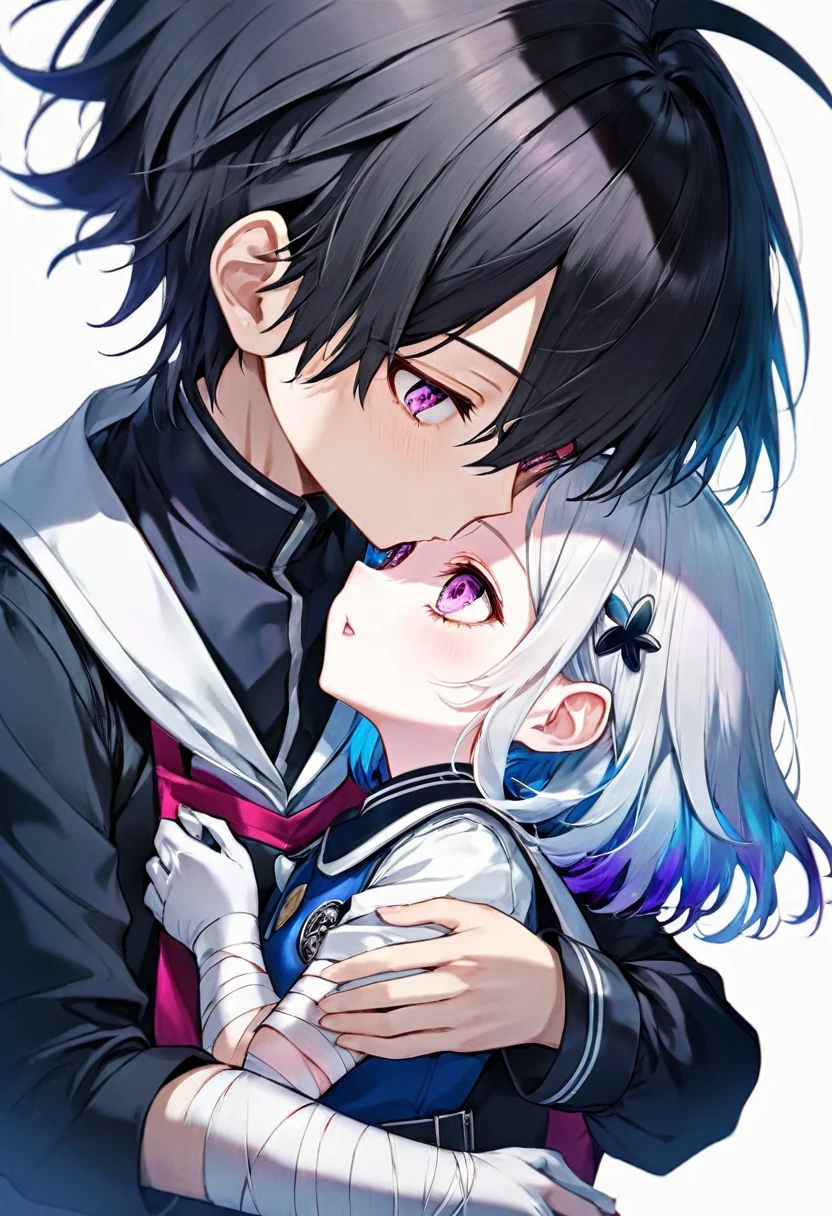 10 year old boy with pale icy skin [With messy hair Black with silver blue With bright pink and violet eyes] In the Black Clover anime Galactic Patroller uniform with bandages on the hands,kissing him 