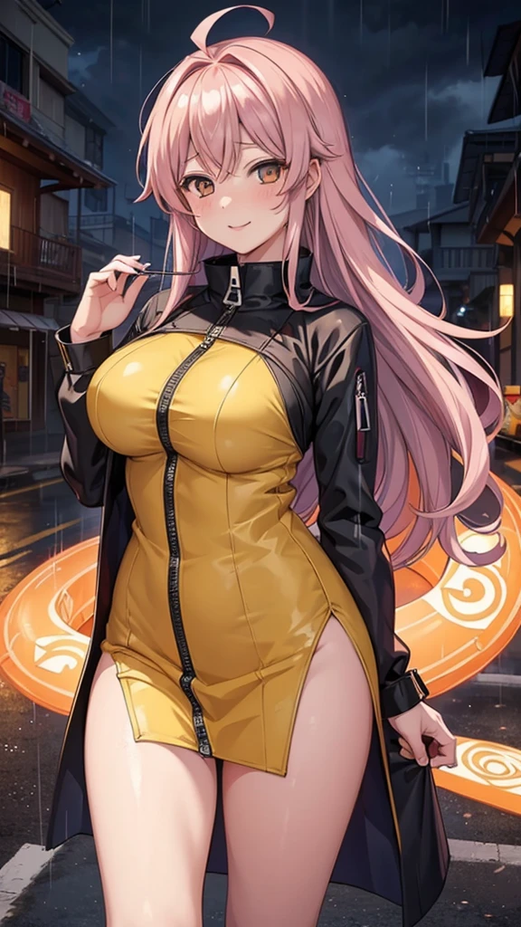 woman (naruarrive), 1 girl, alone, Large Breasts, yellow_Eye, superior_Body, watching_arrive_this_side, cosmetics, zipper, rain, paper, nose, open clothiss, paper jutsu, superior Body, Xiao clothing, Labre piercing smile