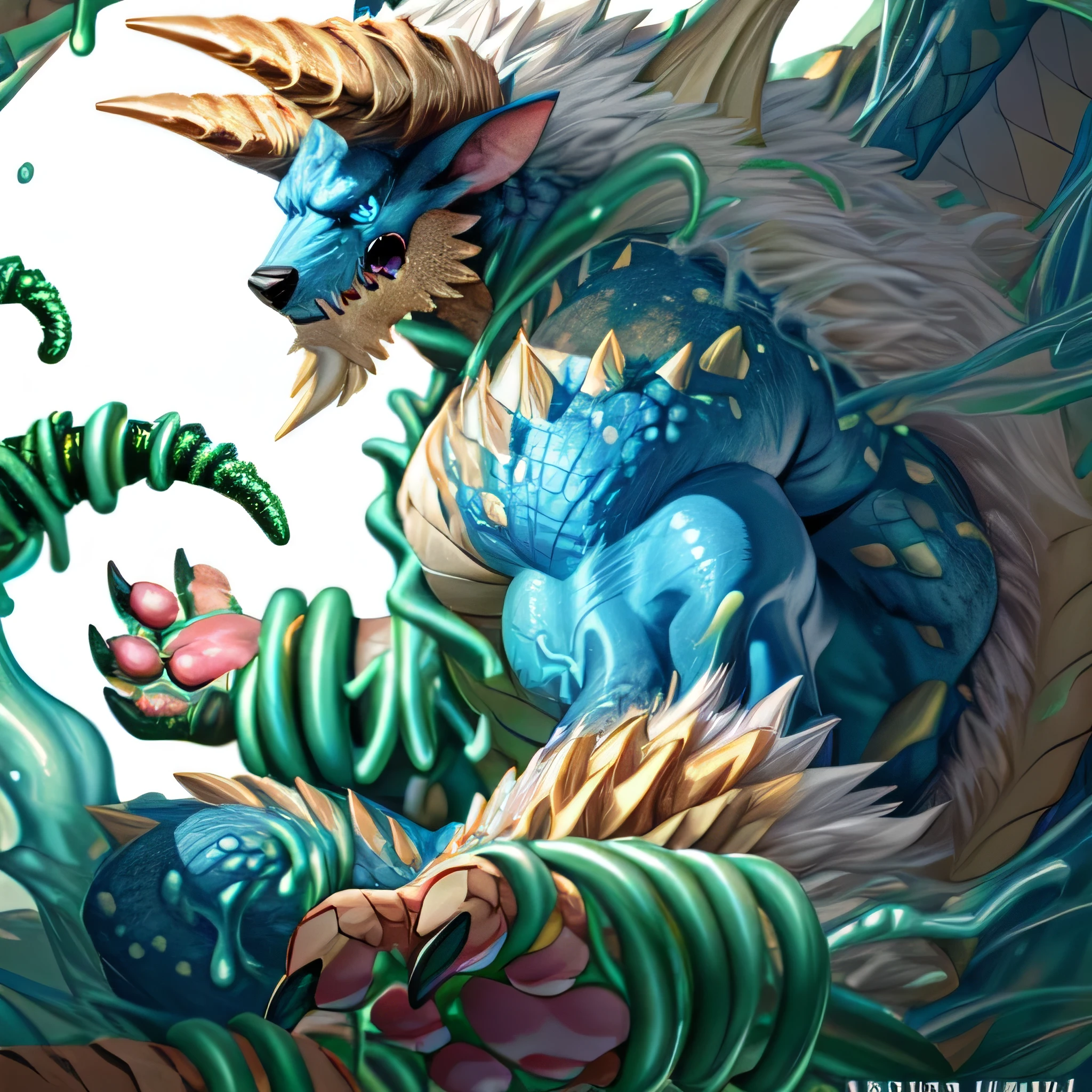 anthropology,(zinogre:1.2),Tail,((whole body,blue eyes, Blue body, White furry, Yellow Hand, Feet, Blue face,4 toes,Tail )),,muscular, whole body, (author:null-ghost,From raccoon21,masterpiece,high quality), Night Fight,((boundary)), rest (((Slime monster uses tentacles to fight dragon)),4 toes,struggle, (pain:1.3),frown,annoyed, Worry,full body,pawpads,((horns))