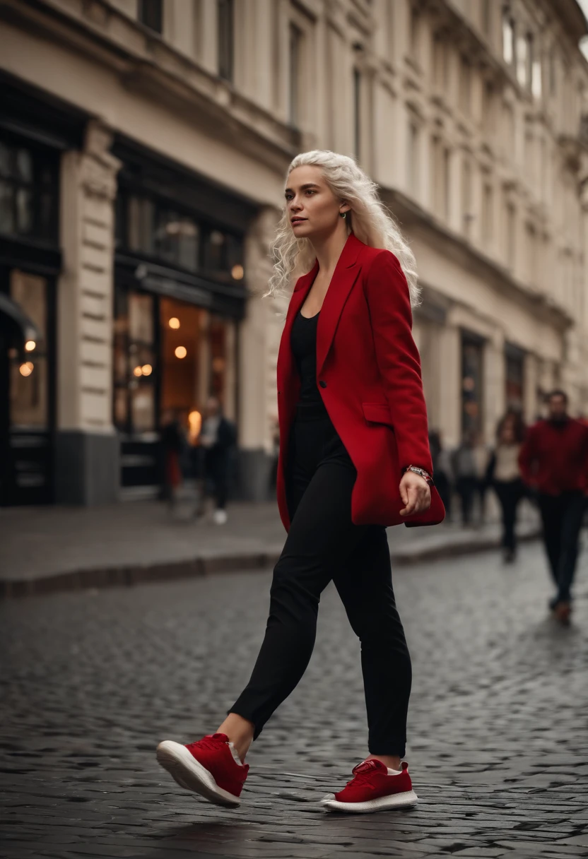 EMÍLIA CLARKE in pedestrian zone, black Kapuzenpullover, red Blazer, black pants, red sneaker, Runs in the pedestrian zone, HAIR from Daenerys targaryen