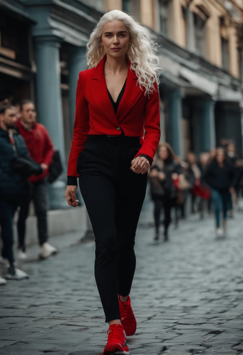 EMÍLIA CLARKE in pedestrian zone, black Kapuzenpullover, red Blazer, black pants, red sneaker, Runs in the pedestrian zone, HAIR from Daenerys targaryen 