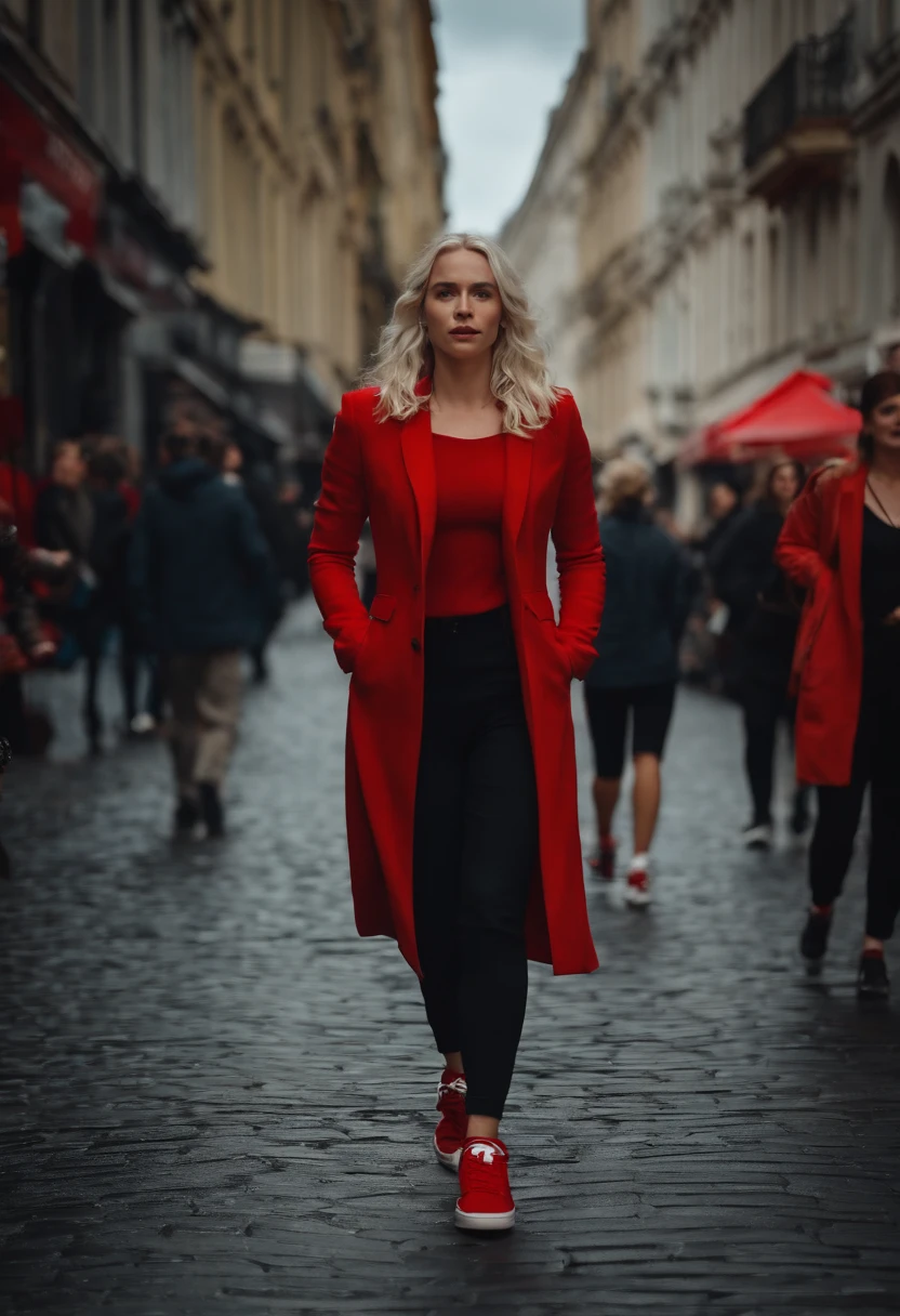 EMÍLIA CLARKE in pedestrian zone, black Kapuzenpullover, red Blazer, black pants, red sneaker, Runs in the pedestrian zone, HAIR from Daenerys targaryen 