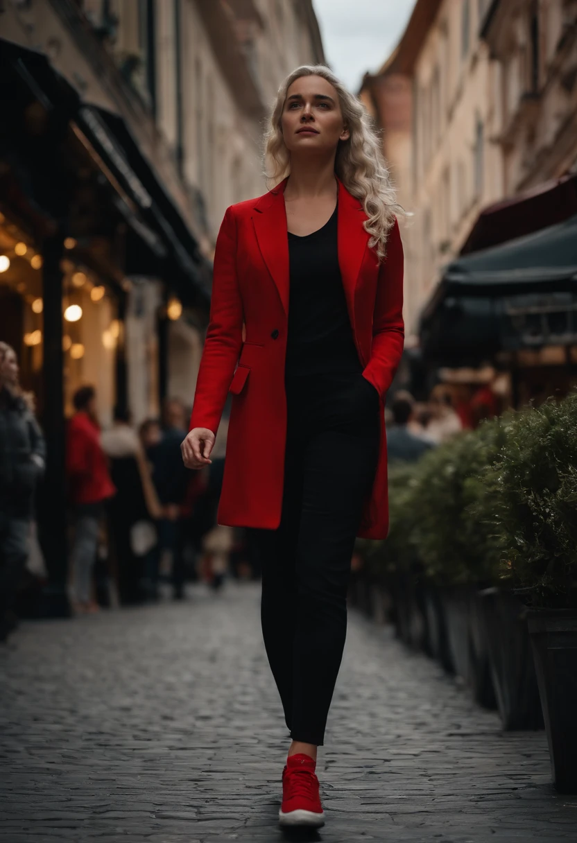 EMÍLIA CLARKE in pedestrian zone, black Kapuzenpullover, red Blazer, black pants, red sneaker, Runs in the pedestrian zone, HAIR from Daenerys targaryen 