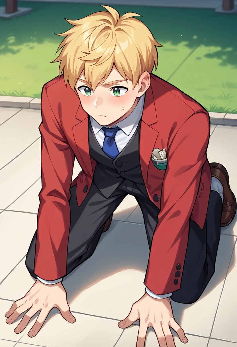 score_9, score_8_wonderful, score_7_wonderful, sauce_Anime BREAK 1 Boy, alone, Male Focus, Part 1: Leanne, blonde, , Red Blazer, Black trousers, Outdoor,，Get on all fours and place your hands on the floor,put head on floor,Show your dick