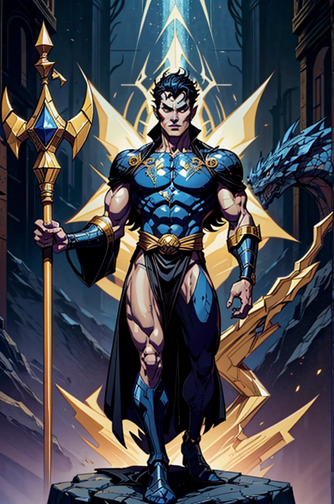 Half-dragon, half-human man with black robe and golden details and blue crystals on his body holding an iron staff