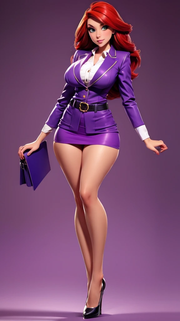 An attractive sexy hex girl with a big breast wears red hair, a tousled cut, her green eye, wears a purple button-down office coat and a long purple skirt with a black heel. 