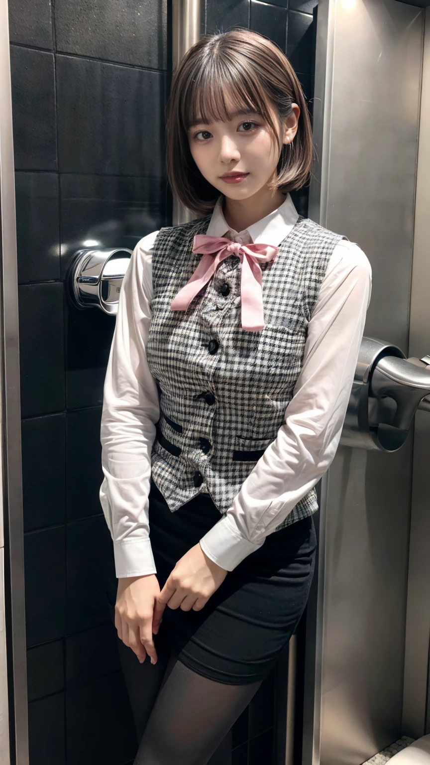 (8K, RAW Photos, Highest quality, masterpiece:1.2), (professional photography, full colors, studio-caliber color grading), (Gravure quality for high-end fashion magazines), close up, BREAK,18 year old girl, short bob hair, crying a little, Harajuku style, Big Natural Color Lip, (Plumpy body:1.2), (smooth skin:1.1), (huge breasts:1.2),  BREAK (white and gray theme:1.3), (wearing a [[white and gray plaid pattern]] vest over a long sleeve white collared-shirt:1.4), (buttoned gray vest:1.2),
BREAK (pink theme:1.2), (pink ribbon bow:1.3),
BREAK (black theme:1.4 (tight black pencil skirt:1.5 (pantyhose:1.3 BREAK (Toilet cubicles:1.2 (urinal)