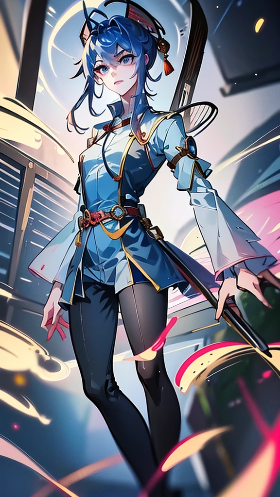 Masterpiece, Best quality, just 1 Tang Wu Tong, the expression is cold, strong, blue eyes, short hair, wolfcut hairstyle, smoky mix blue color hair, resolute eyes, red lips, simple Taoist Taoist uniform, Chinese mix morden, frontal photo, anime, illustration, Chinese purple short-sleeved shirt, black or white background, simple background, front fullbody painting