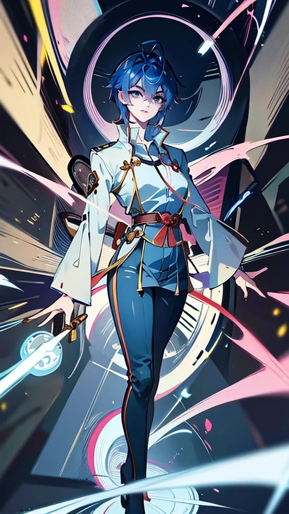 Masterpiece, Best quality, just 1 Tang Wu Tong, the expression is cold, strong, blue eyes, short hair, wolfcut hairstyle, smoky mix blue color hair, resolute eyes, red lips, simple Taoist Taoist uniform, Chinese mix morden, frontal photo, anime, illustration, Chinese purple short-sleeved shirt, black or white background, simple background, front fullbody painting