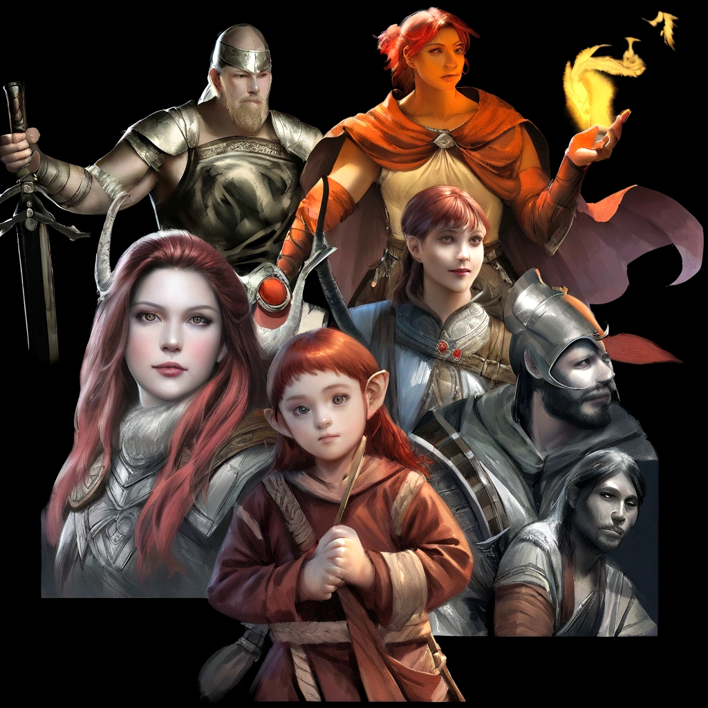 contorno, arte semi-realista Viking warrior top left, red dragon with face turned away in the top right, bottom right young holy warrior, bottom left red haired woman warrior, bottom in the middle a halfling man, realistic background, black and white sketch, hand drawn