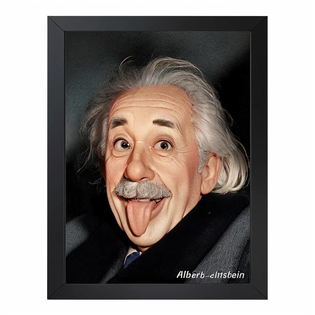 close-up, cinematic, ultra-realistic, full HD, 4K image of scientist Albert Einstein smiling, with his tongue hanging out of his mouth, looking at the camera to take a photo