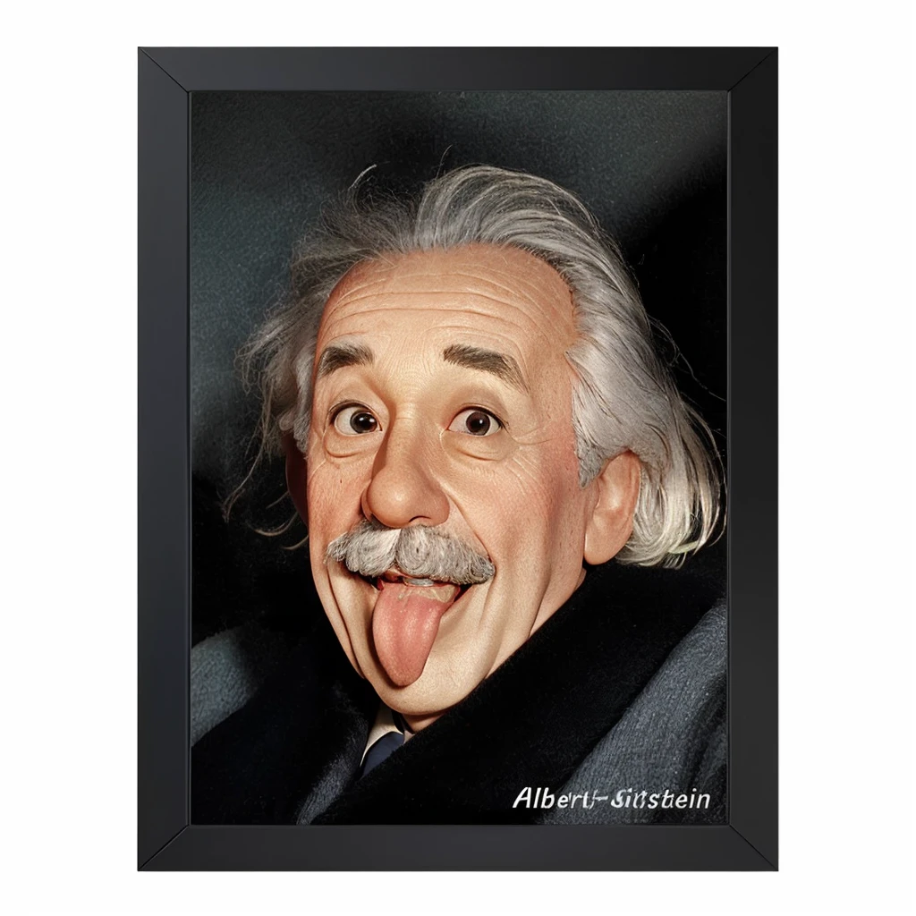 close-up, cinematic, ultra-realistic, full HD, 4K image of scientist Albert Einstein smiling, with his tongue hanging out of his mouth, looking at the camera to take a photo
