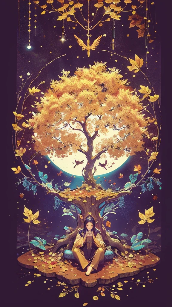 circular tree,four seasons,spring,summer,autumn,winter,leaves,roots,branches,trunk,ornate border,decorative,digital illustration,artwork,movement,time,swirling background,dark background,vibrant colors,natural,life cycle,growth,change,nature,life,peace,harmony,spirituality,symbolism,digital art,illustration,painting,graphic design,art,design,digital media,online art,visual art,fine art,fantasy