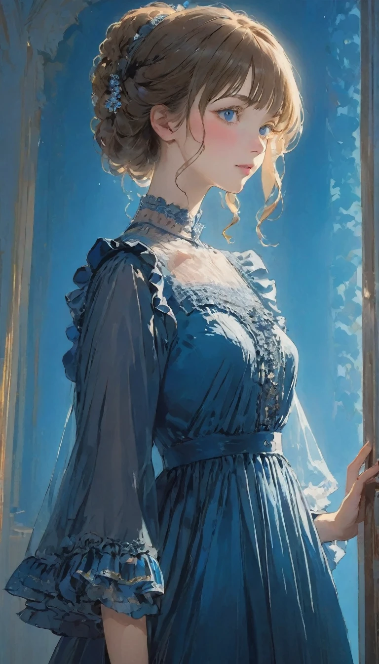 (Highest quality, masterpiece), A beautiful Russian woman, Intricate details, Frills, See through, Show Viewer, Sunlight from the window, blush, bangs, Are standing, Upper Body,Dark blue dress、The background is also blue